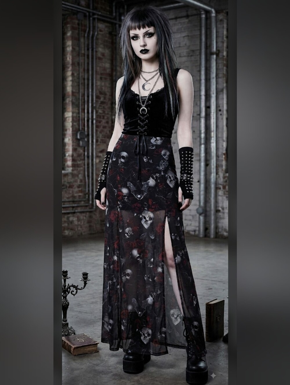 NWT Killstar Kleodora Gothic Black Sheer Skull & Rose Maxi Skirt, XS